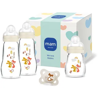 MAM Feel Good Glass Bottle Geschenk-Set | 0+ Mon | Babyflaschen-Set für Neugeborene | 94% Akzeptanz | stillfreundlich | hygienisch | 3 Glasflaschen & 1 Original Schnuller | beige