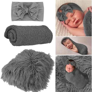 3-teiliges Graues Mehrzweck-fotografie-set Für Neugeborene: Wickeltuch, Fotomatte Und Stirnband
