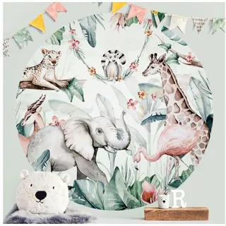 Bilderdepot24 Fototapete rund Aquarell Afrika Tiere Giraffe Elefant Flamingo, Glatt, Matt, (Vliestapete selbstklebend), Kinderzimmer Babyzimmer Wandtattoo Fototapete Klebe Wandtapete grün 100 m x 100 m