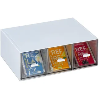 Relaxdays Tee Organizer, 3 Fächer, Kunststoff, vertikal oder horizontal, stapelbar, Teebeutelspender, weiß/transparent