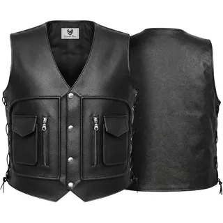 German Wear, Leder Motorrad Kutte Lederweste Bikerweste Motorradweste Weste Schnürung Schwarz, Größe:60