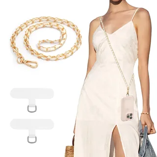 TiMOVO Handykette Universal zum Umhängen, Handyanhänger, Handy Kette Stilvoll Metall Schlüsselband, Handschlaufe, Handygurt, Handyband, Kordel, Lanyard, Smartphone und Handy Hülle, Gold & Weiß