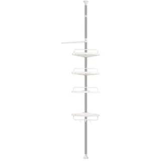 OHMG Teleskop-Eckregal, Duschregal, höhenverstellbar, Eckregal für Badezimmer aus Edelstahl und Kunststoff, 4 Ablagen, 1 Haken, 3 Handtuchhalter (254 – 304 cm)