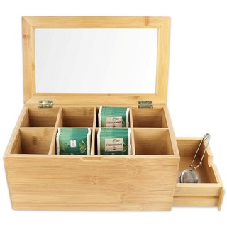 Schramm Schramm® Teebox aus Bambus mit Deckel ca. 31 x 19 x 14 cm mit Sichtfenster 8 Fächer und Schublade Teebeutelbox Teekasten Tee Box