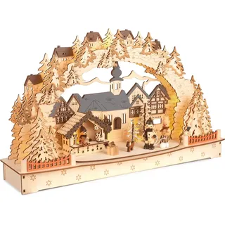 Brubaker 3D Lichterbogen - LED Schwibbogen - Großes Weihnachtsdorf 2025 - Weihnachtsbeleuchtung aus Holz Natur - 27 x 45 x 12 cm - Handbemalte Figuren - Weihnachtsdeko für Tisch & Fenster