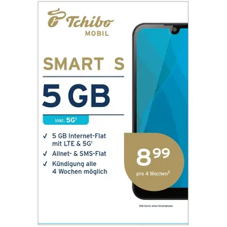 Tchibo MOBIL Smart S SIM-Karte | 5 GB Datenvolumen + Allnet- & SMS-Flat | Surfen mit LTE/5G | Nur 8,99 € alle 4 Wochen | Ohne Lange Vertragsbindung | EU-weites Roaming