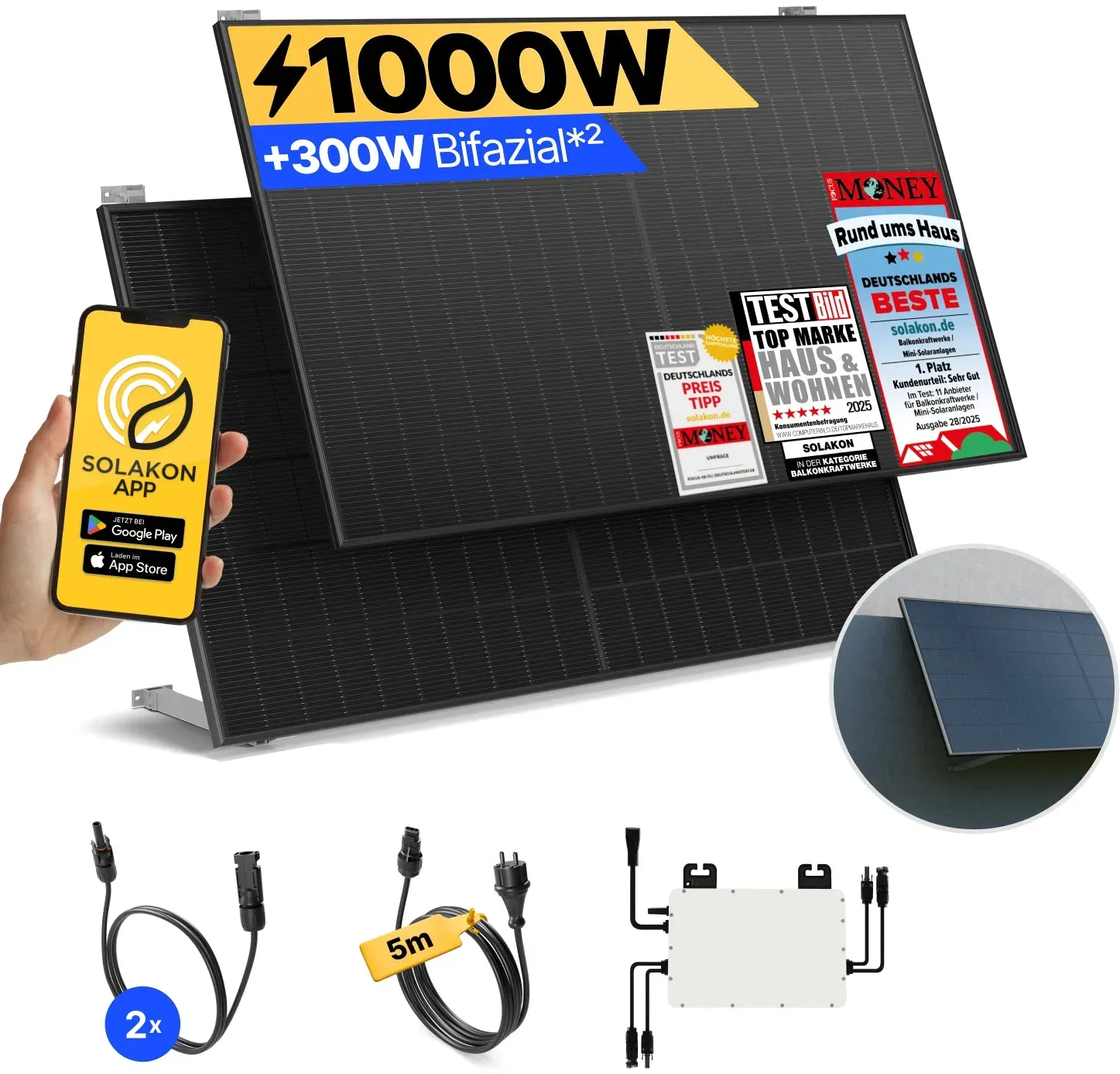 onBasic: 1000 Watt Balkonkraftwerk - Wand/Fassade / ohne Speicher / 5m