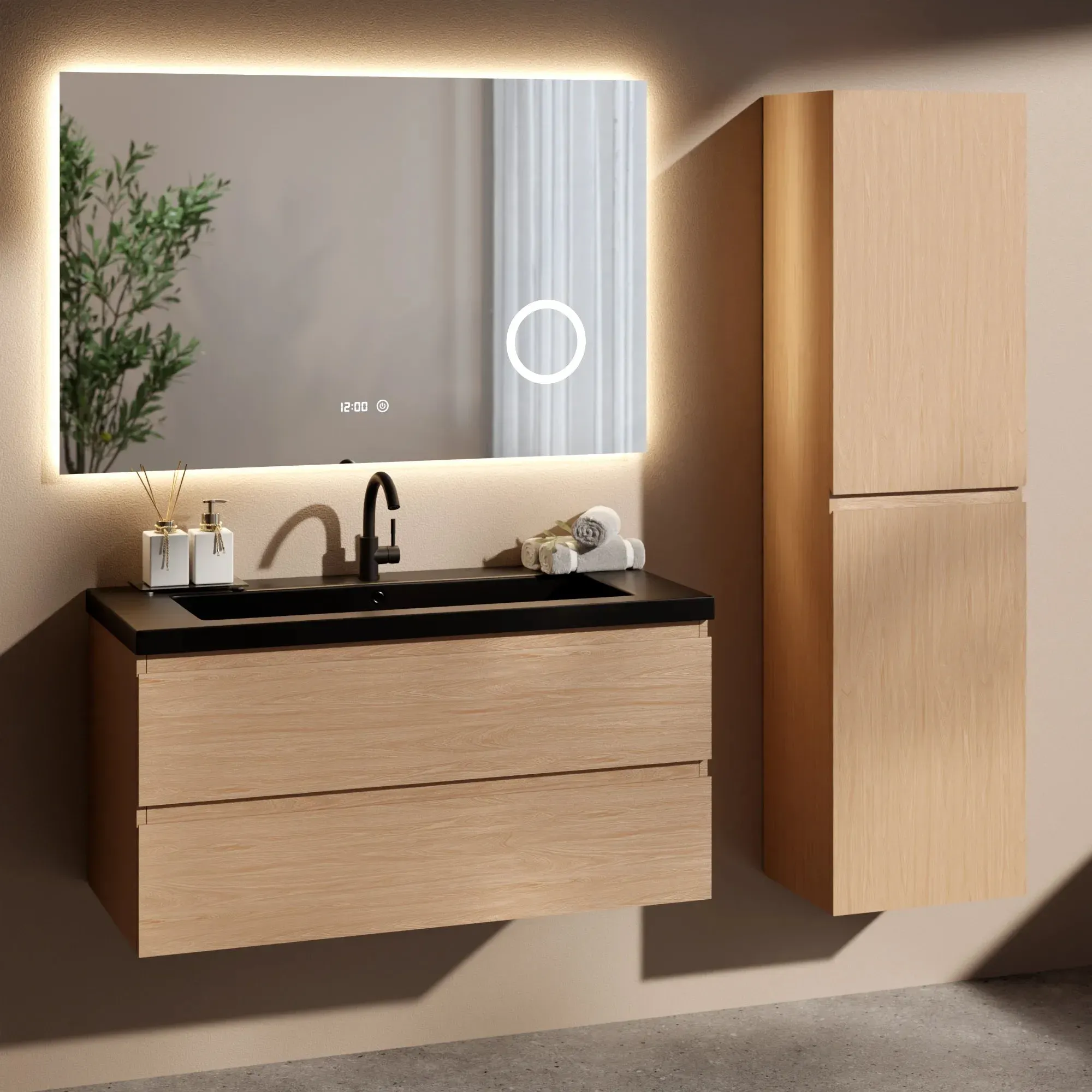 Badezimmermöbel Set Monaco – 100 cm – Helle Eiche – Schwarzes Waschbecken