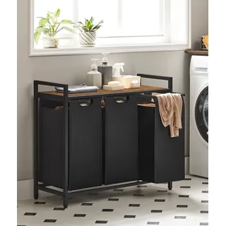 Songmics VASAGLE Wäschekorb 3 Fächer, mit Ablage, ausziehbar abnehmbar, 3 x 38 L, Schwarz - Schwarz