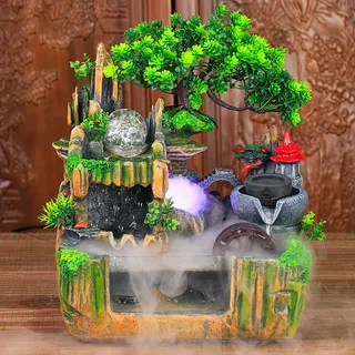 kangten Zimmerbrunnen Wohnzimmer Wasserfall Tischbrunnen LED Desktop Bonsai Ornamente Grüne Pflanze Zimmerbrunnen Tischbrunnen
