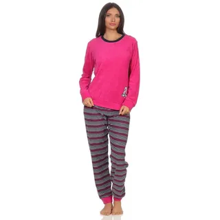 normann-wäschefabrik Damen Frottee Pyjama Schlafanzug langarm mit Bündchen und süsser Bär-Applikation - 44/46 - pink
