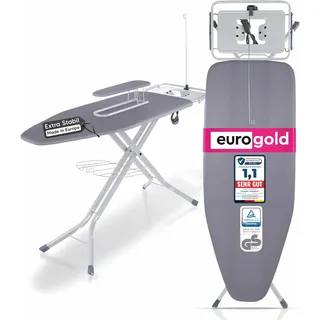 EUROGOLD Bügelbrett für Dampfbügelstation 130x48 cm – Bügelbrett XXL mit Steckdose, höhenverstellbarer Bügeltisch klappbar, mit Ärmelbrett & Bügeleisenablage, Oeko-TEX Baumwollbezug (Grey)