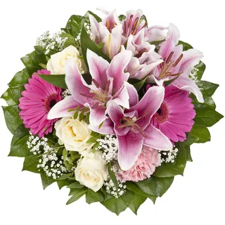 Dominik Blumen und Pflanzen, Blumenstrauß "Laura" mit rosa Lilien, Rosen und Gerbera