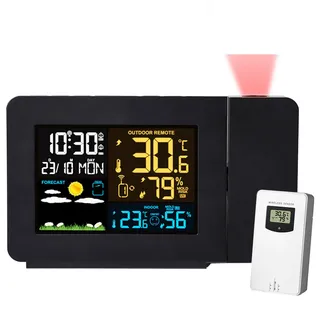 ExoticaBlend Projektionswecker Digitaler Wecker mit Projektion Innen/Außen Thermometer Hygrometer Wettervorhersage Komfortstufe Projektionsuhr Wetterstation mit Außensensor