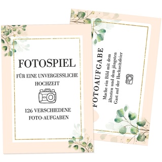 136PCS Fotoaufgaben Hochzeit, 126 Fotoaufgaben + 10 Blanko Fotokarten, Lustiges Hochzeitsspiel Karten, Fotoaufgabe Fotospiel, Hochzeitsspiel für Gäste & Brautpaar(B)