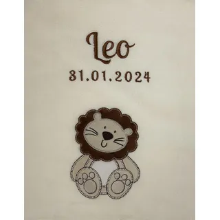 KIDDI-MEDIA Babydecke mit Name und Geburtsdatum Bestickt/kuschelig weich / 1A Qualität (Beige - Löwe)