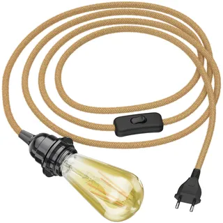 ledscom.de Hanfkabel LEKA mit Stecker, Schalter und E27 Fassung, inkl. LED Vintage gold max. 814lm extra-warmweiß 3-Stufen