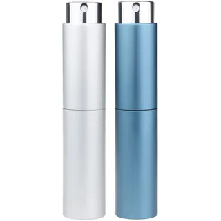 2x10ml Aluminium Parfum Zerstäuber für Unterwegs | Parfümzerstäuber | Zerstäuber | Parfüm Abfüller | Perfume Atomizer | Parfümzerstäuber Nachfüllbar (2x 10ml, Silber + Dunkelblau)