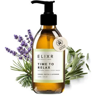 ELIXR Time to Relax Flüssigseife I Handseife Zeder, Salbei & Lavendel I Glasflasche mit Pumpspender 230ml I Zertifizierte Naturkosmetik I Hand Soap