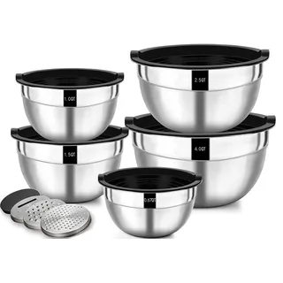 Wildone Salatschüssel 5er Set, Edelstahl Schüssel mit luftdicht Deckel, Größe 4.5l, 2.7l, 1.6l, 1.1l, 0.7l, Rührschüssel Schüsselset für die Küche, Rutschfest & Stapelbar