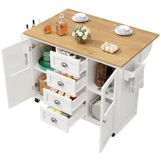 MODFU Küchenwagen kücheninsel freistehend Buffetschrank, (Multifunktionale Kücheninsel mit Klapptisch, 4 Schubladen & 360° Rollen – Handtuchhalter & Gewürzregal, Ausziehbarer Küchenwagen), verstellbaren Einlegeböden weiß