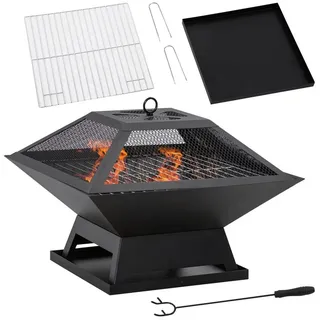 autolock Feuerschale Feuerschale,Feuerkorb,Feuerstelle mit Grillrost und Funkenschutz, 45x45x34cm,aus Edelstahl inkl. Schürhaken für gemütliche Abende schwarz