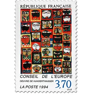 Briefmarke Hundertwasser "36 Köpfe - Dienstmarken Europarat 3,70 F" in reinem Silber!