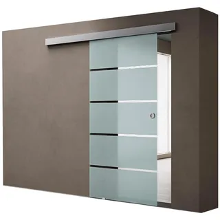 doporro Glasschiebetür Komplettset 90 x 215 cm | 15 mm Wandabstand | Schiebetür mit ESG-Sicherheitsglas | Zimmertür Glas mit 5-Milchglas-Streifen mit Muschelgriff | Amalfi-plus 11H