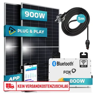 SUNNIVA® 900W Balkonkraftwerk 800W komplett Steckdose - FOX ESS 800W Wechselrichter - PV Solaranlage Komplettset - 2x 450W Solarmodule - inkl. 5m Kabel - Bluetooth WIFI