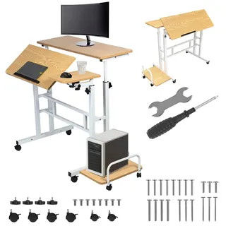 Maclean Brackets Maclean MC-124 Mobiler Verstellbarer Laptop-Tisch | Höhenverstellbarer Schreibtisch 67-115 cm | Große Arbeitsfläche 80x60 cm | Mit Seitenablage & 6 Rollen (Weiß/helles Holz)