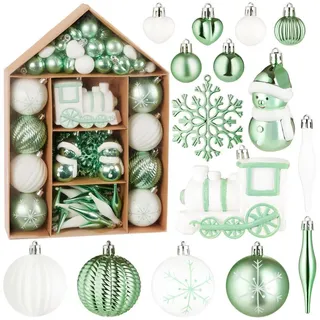 Brubaker 70 Stück Christbaumschmuck - Weihnachtskugel Set mit Lokomotive, Schneemänner, Kugeln, Herzen und Schneeflocken - Baumkugel Baumschmuck - Anhänger für Weihnachtsbaum - Weiß Türkis