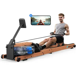 MERACH Wasser Rudergerät Holz Klappbar, Gummibaummaterial & Komfortabler Sitz, mit Exklusiver APP mit Interaktiven Kartenerfahrung, Immersives Rudererlebnis, Ideal für Heimfitness (R28 Faltbar)