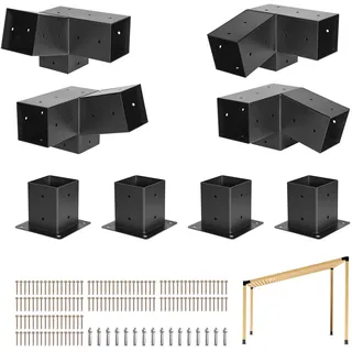 VEVOR Pfosttenverbinder, 3-Wege-Schräghalterung für 92 x 92 mm, Pergola-Halterung aus Karbonstahl mit Schrauben & Pfostensockeln, für Holzpergolen im Freien, Pavillons, Schuppen, 8 Stück