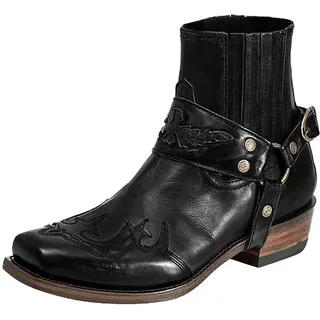 Hotberry Winterstiefel Herren Stiefeletten Retro Stickerei Cowboy Stiefel Westernstiefel Kurze Stiefel Fläche Rutschfest Herren Knöchel Stiefel Biker Boots mit Schnalle Motorradstiefel Winterstiefel - 45 EU
