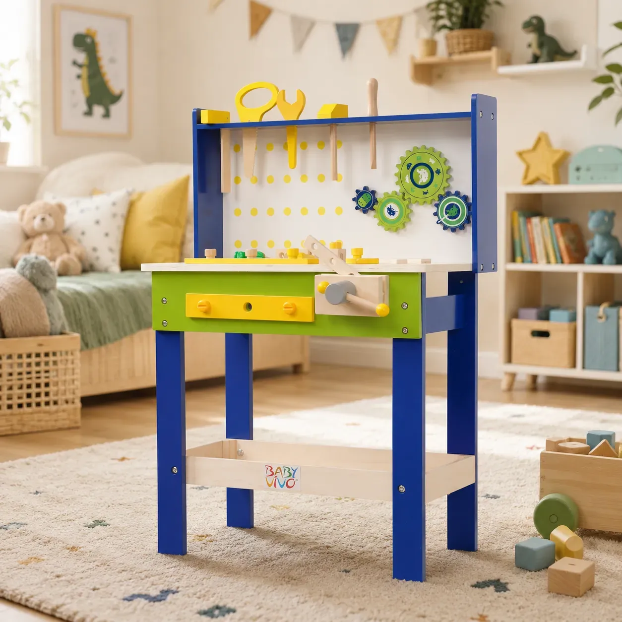 Baby Vivo Spielwerkbank / Werkbank für Kinder aus Holz - Luigi mit drehbaren Zahnrädern und 29 Teilen Zubehör