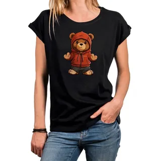 MAKAYA Print-Shirt Damen Kurzarm Teddybär coole lustige freche sexy Sommer Tops Teddy schwarz M