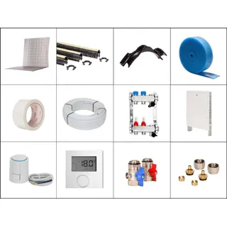 Selfio 80 m2 Set Tackersystem Faltplatte 25 mm WLG 045 16x2 Alu-Verbundrohr Raster 15 cm 6 Heizkreise LCD Regler 230 V + Zubehör