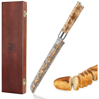 Zayiko MysticMagma Brotmesser I 20cm aus 67 Lagen Damaststahl mit Kupfer- und Bronze-Einlage I DualCurve Griff aus Ahornwurzelholz I Holzbox