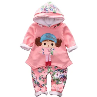 Yao 6M-3J Kleine Mädchen 2-teiliges Kleidungsset Warmer Samt Hoodie mit Mädchenmustern und Schmetterlingshose mit Blumenmustern (6-12M, Rosa) - 6-12 Monate