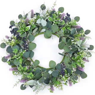 Dremisland Eukalyptus Türkranz die Haustür 55cm Künstliche Türkranz mit Lavendel Blumenkranz Faux Grün Blätter Eukalyptus Girlande Dekorativer Tischkranz Wandkranz Für Haustür Fenster Feier Dekor
