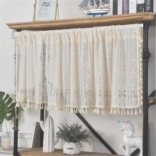 Beige Scheibengardine Landhaus Retro Kurze Scheibengardine Boho Vorhang Baumwolle Leinen Kurzstore Gardinen mit Quasten für Küche Wohnzimmer Schlafzimmer (Beige Kupfer,W x H 150X60cm)
