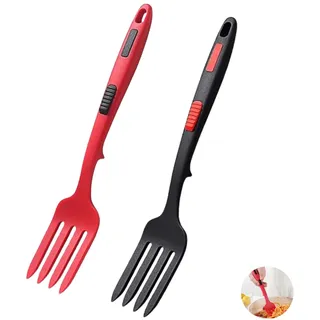 2 Stücke Flexible Kochgabel Silikon, Kuchengabel Groß, Mix Gabeln, Tafelgabeln, Menügabeln, Serviergabel,-Antihaftbeschichtet, Hitzebeständig, Für Küchenhelfer und Kochzubehör (Rot, Schwarz)181g