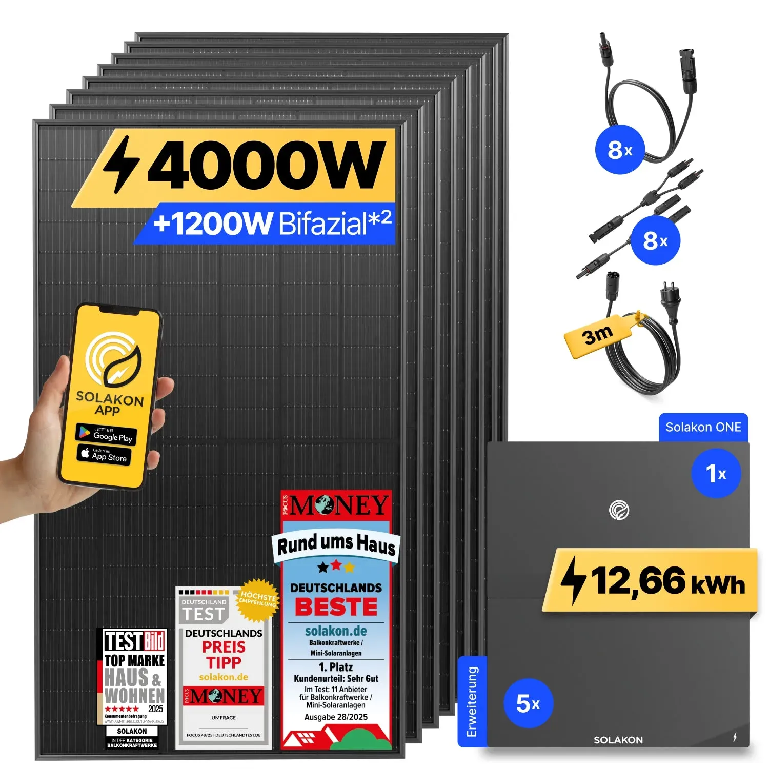 onPower Plus: 4000 Watt Solaranlage - ohne Halterung / 12.66 kWh / 3m