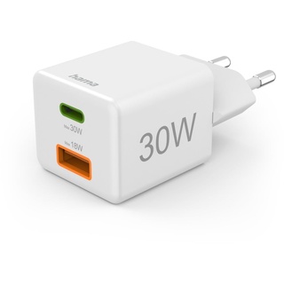 Hama Schnellladegerät, 1x USB-C 1x USB-A Mini-Ladegerät, 30 W, Weiß