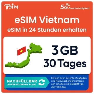 Vietnam eSIM | 3GB | 30 Tage | Nachfüllbarer Tarif | 5G Geschwindigkeit | Hotspot | Nur-Daten. QR-Code Wird innerhalb von 24 Stunden gesendet, scannen zur Aktivierung, Keine Telefonnummer enthalten.