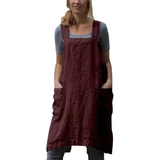 Schürze Baumwollleinen Einfarbig Japanischen Stil in X-Form für Küche Kochen Gartenarbeit mit 2 Taschen Pinafore Schürze (Rot, XXXXXL)