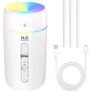 KARFUN Luftbefeuchter,Mini Humidifiers fürs Auto mit 7 Farben Licht,Leiser Raumbefeuchter Klein,Automatische und Leise,Abschaltung,Büro,Schlafzimmer,Auto,Desktop (Weiß)