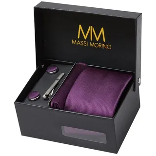 MASSI MORINO Krawatte Lila mit Einstecktuch Set Herren inkl. Manschettenknöpfe, Krawattennadel und Geschenkbox | Männer Krawattenset zur Hochzeit - Einheitsgröße