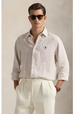 Polo Ralph Lauren für Herren. 710B15594006 Leinenhemd mit beigen Custom Fit-Streifen (M), Lässig, Langarm