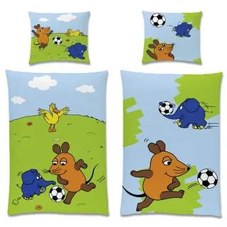 Die Sendung mit der Maus Kinder-Bettwäsche Fussball 135 x 200 + 80 x 80 cm 100% Baumwolle Linon Maus Elefant Ente Bettzeug Bett-Bezug Kissen-Decken-Bezüge Fußball-Turnier deutsche Größe